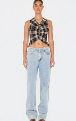 Brown Check Ruched Front Long Top