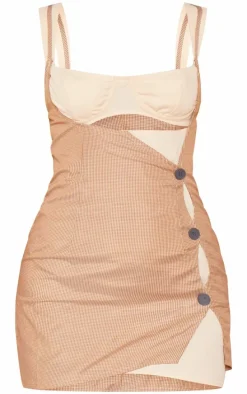 Brown Check Underwired Button Bodycon Dress