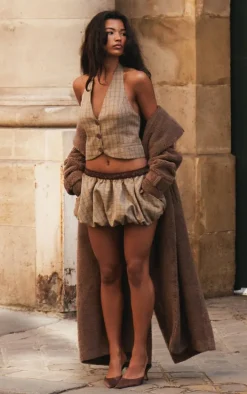 Brown Check Woven Tailored Puff Ball Waistband Skirt