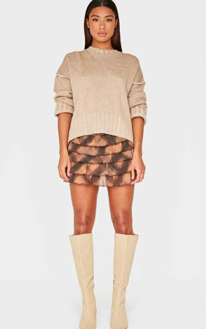 Brown Checked Printed Mesh Rara Mini Skirt