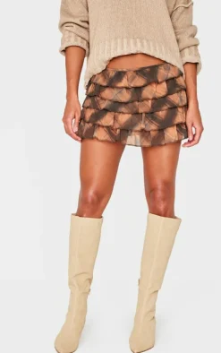 Brown Checked Printed Mesh Rara Mini Skirt