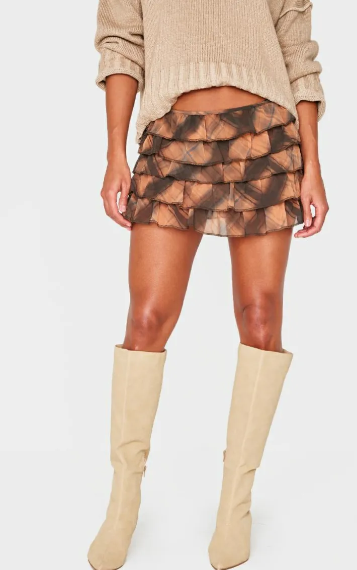 Brown Checked Printed Mesh Rara Mini Skirt