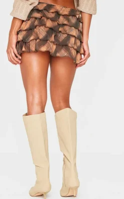 Brown Checked Printed Mesh Rara Mini Skirt