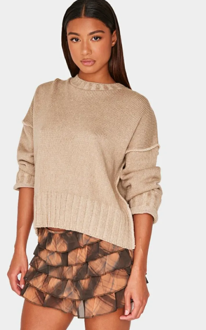 Brown Checked Printed Mesh Rara Mini Skirt