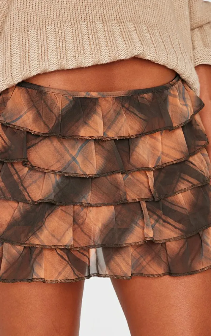Brown Checked Printed Mesh Rara Mini Skirt