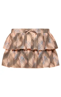 Brown Checked Printed Tiered Frilly Mini Skirt