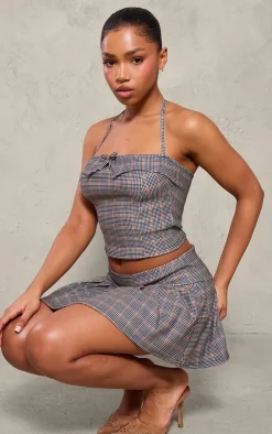 Brown Checked Stretch Woven Halterneck Contrast Binding Long Top