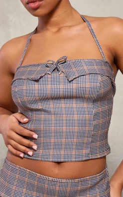 Brown Checked Stretch Woven Halterneck Contrast Binding Long Top