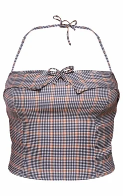 Brown Checked Stretch Woven Halterneck Contrast Binding Long Top