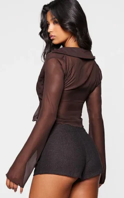 Brown Chiffon Ruched Bust Detail Blouse