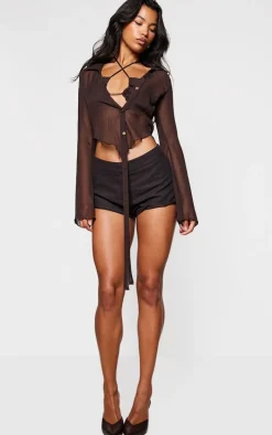 Brown Chiffon Ruched Bust Detail Blouse