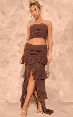 Brown Chiffon Ruched Cut Out Asymmetric Hem Midi Dress