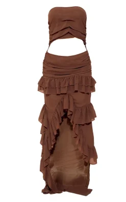 Brown Chiffon Ruched Cut Out Asymmetric Hem Midi Dress