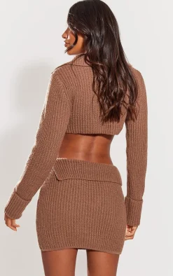 Brown Chunky Knit Chain Cropped Cardigan