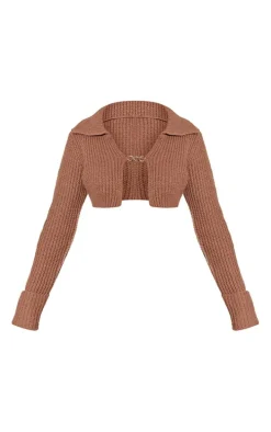 Brown Chunky Knit Chain Cropped Cardigan