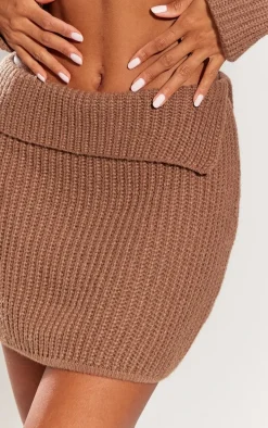 Brown Chunky Knit Fold Over Mini Skirt