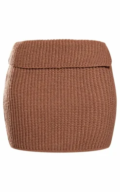 Brown Chunky Knit Fold Over Mini Skirt
