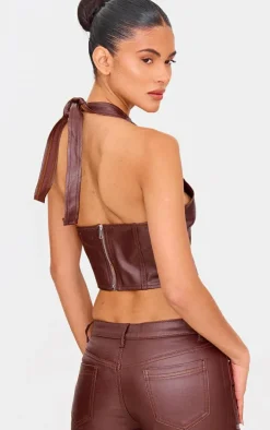 Brown Coated Denim Seam Detail Halterneck Top