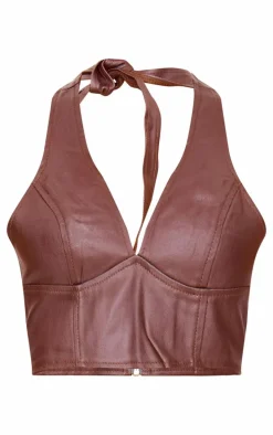 Brown Coated Denim Seam Detail Halterneck Top