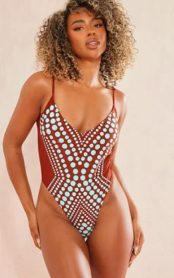 Brown Color Block Contrast Swimsuit