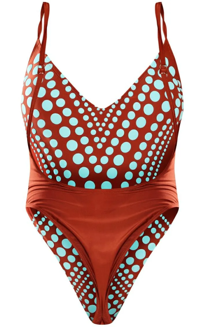 Brown Color Block Contrast Swimsuit
