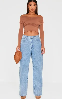 Brown Contour Jersey Bardot Foldover Long Sleeve Top