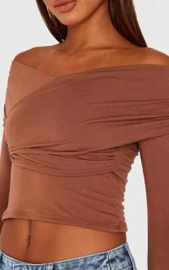 Brown Contour Jersey Bardot Foldover Long Sleeve Top