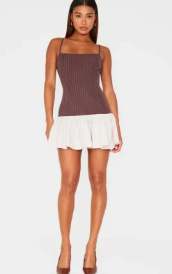 Brown Contrast Pinstripe Frill Hem Shift Dress
