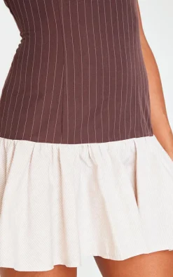 Brown Contrast Pinstripe Frill Hem Shift Dress