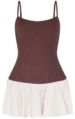 Brown Contrast Pinstripe Frill Hem Shift Dress