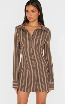 Brown Contrast Stripe Long Sleeve Shirt Dress