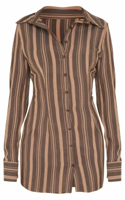 Brown Contrast Stripe Long Sleeve Shirt Dress