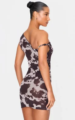 Brown Cow Print Mesh Asymmetric Bodycon Dress