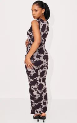 Brown Cow Print Mesh Maxi Dress