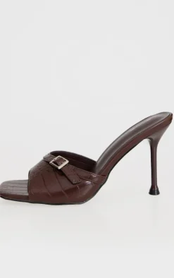 Brown Croc PU Square Toe Gold Buckle High Stiletto Heeled Mules