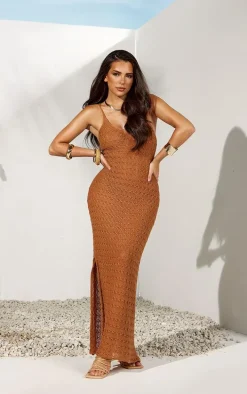 Brown Crochet Knitted Side Split Maxi Dress