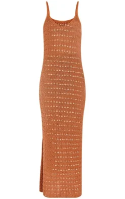 Brown Crochet Knitted Side Split Maxi Dress