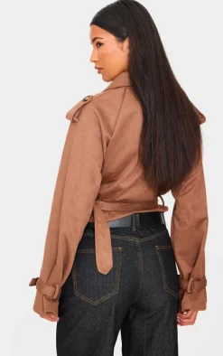 Brown Cropped Faux Suede Belted Trench Coat