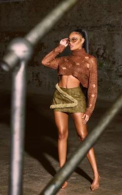 Brown Cut Out High Neck Knitted Crop Top