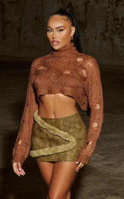 Brown Cut Out High Neck Knitted Crop Top