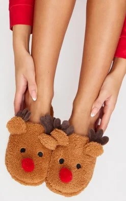 Brown 3D Reindeer Mule Slippers