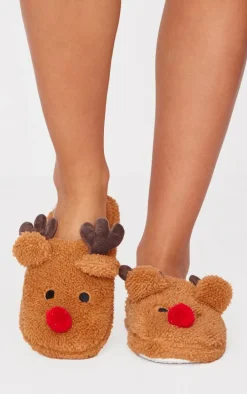 Brown 3D Reindeer Mule Slippers