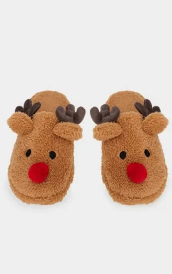 Brown 3D Reindeer Mule Slippers