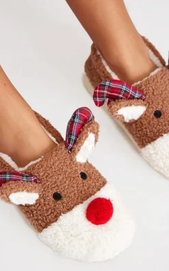 Brown 3D Reindeer Slippers