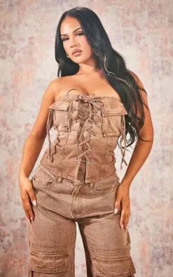 Brown Denim Lace Up Front Corset Top