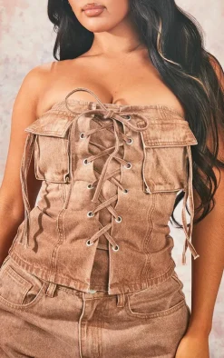 Brown Denim Lace Up Front Corset Top