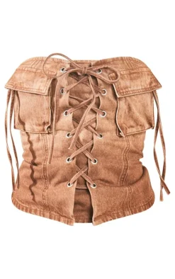 Brown Denim Lace Up Front Corset Top