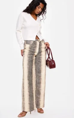 Brown Denim Low Waist Snake Print Wide Leg Jeans