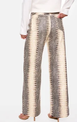 Brown Denim Low Waist Snake Print Wide Leg Jeans