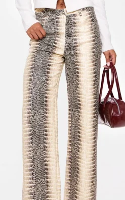 Brown Denim Low Waist Snake Print Wide Leg Jeans